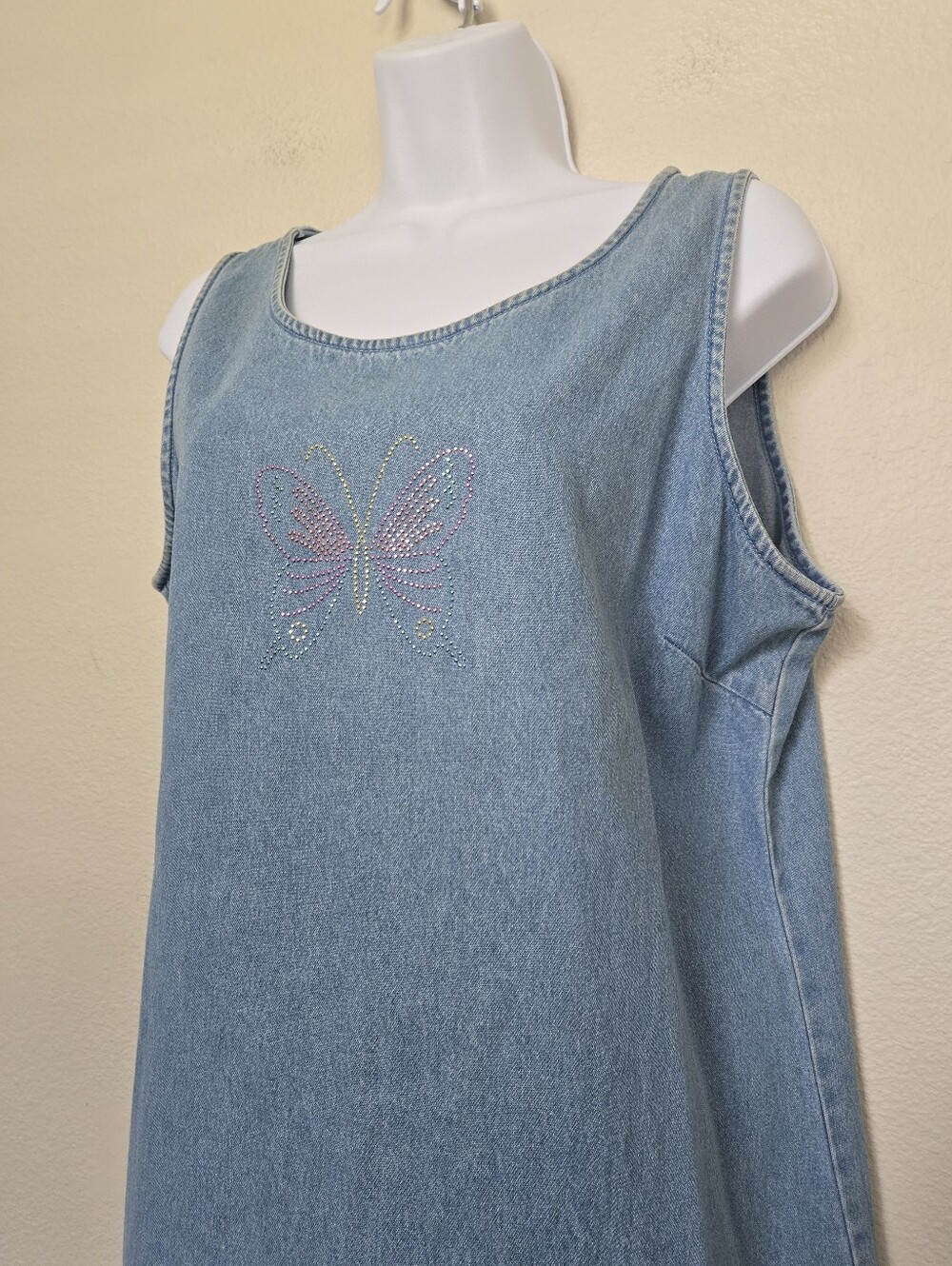 Vintage 90s Denim Mini Dress Butterfly Rhinestone Size Large - Picture 4 of 11